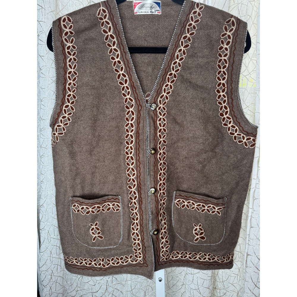 Vintage 70s Trendy Oswal Lavika Knit Wool Vest Brown Embroidered Boho Folk Style
